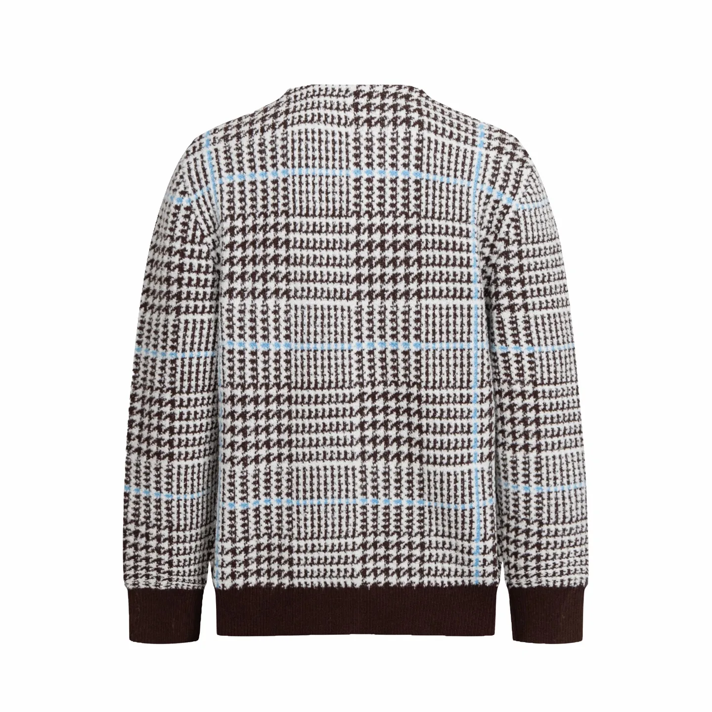 🅿️570 1v 26SS houndstooth letter intarsia V-neck knitted cardigan. The original version was purchased for 14,743 and developed. The fabric is made of yarn fabric made of 69% sheep wool blended with 31% nylon. The main pattern is woven with a full-width jacquard process, which interweaves the houndstooth pattern with light blue line texture. At the same time, the brand logo elements are integrated into the body through the intarsia process, and the edges of the pattern are connected delicately and seamlessly. The collar, cuffs and hem are made of 100% sheep wool ribbed fabric, and are edged with double-needle seaming technology, which has both elasticity and shaping effect. The front placket is equipped with natural-textured buttons, and the side seam pockets use invisible stitching technology to blend naturally with the jacquard texture of the body. The overall shape is shaped through three-dimensional tailoring, and the shoulders are stitched with seamless stitching to ensure fit and comfort. The entire piece is finished with handcrafted details in an Italian workshop, showing the craftsmanship precision of high-quality knitted items. The overall wiring is straight and delicate, the fabric is comfortable and soft, and the color is consistent without color difference. It can be matched with the same style to create a fashionable look and control various occasions. Customized accessories, complete with three standards, the same style for men and women. Size:S-M-L-XL